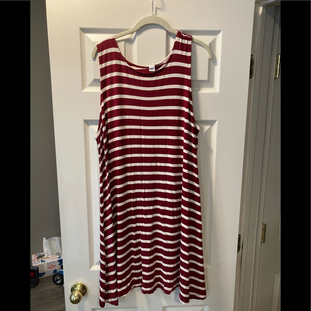Striped Sleeveless Swing Dress - Burgundy & White